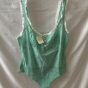 FREE PEOPLE Cassie Gingham Ruffle Bodysuit In Green White Combo Sz LARGE